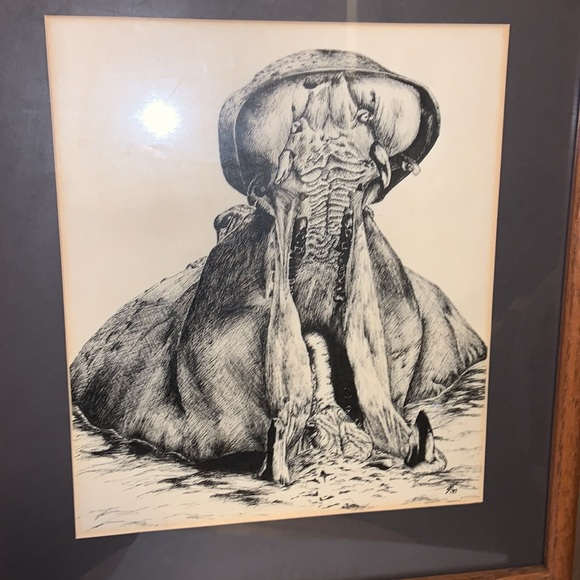 A HOUSE HIPPO FOR YOU!! An Original piece in pencil and charcoal. Pro framed - Picture 1 of 6